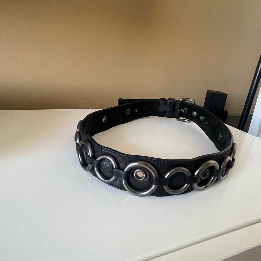 PRADA Black Leather Belt with Dark Silver Buckle and Metal Circle Accents - Picture 11 of 11